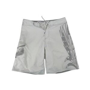 Katin Board Shorts Mens 33 White Grey Graphic Feather Surf Swim Trunks 100% Poly